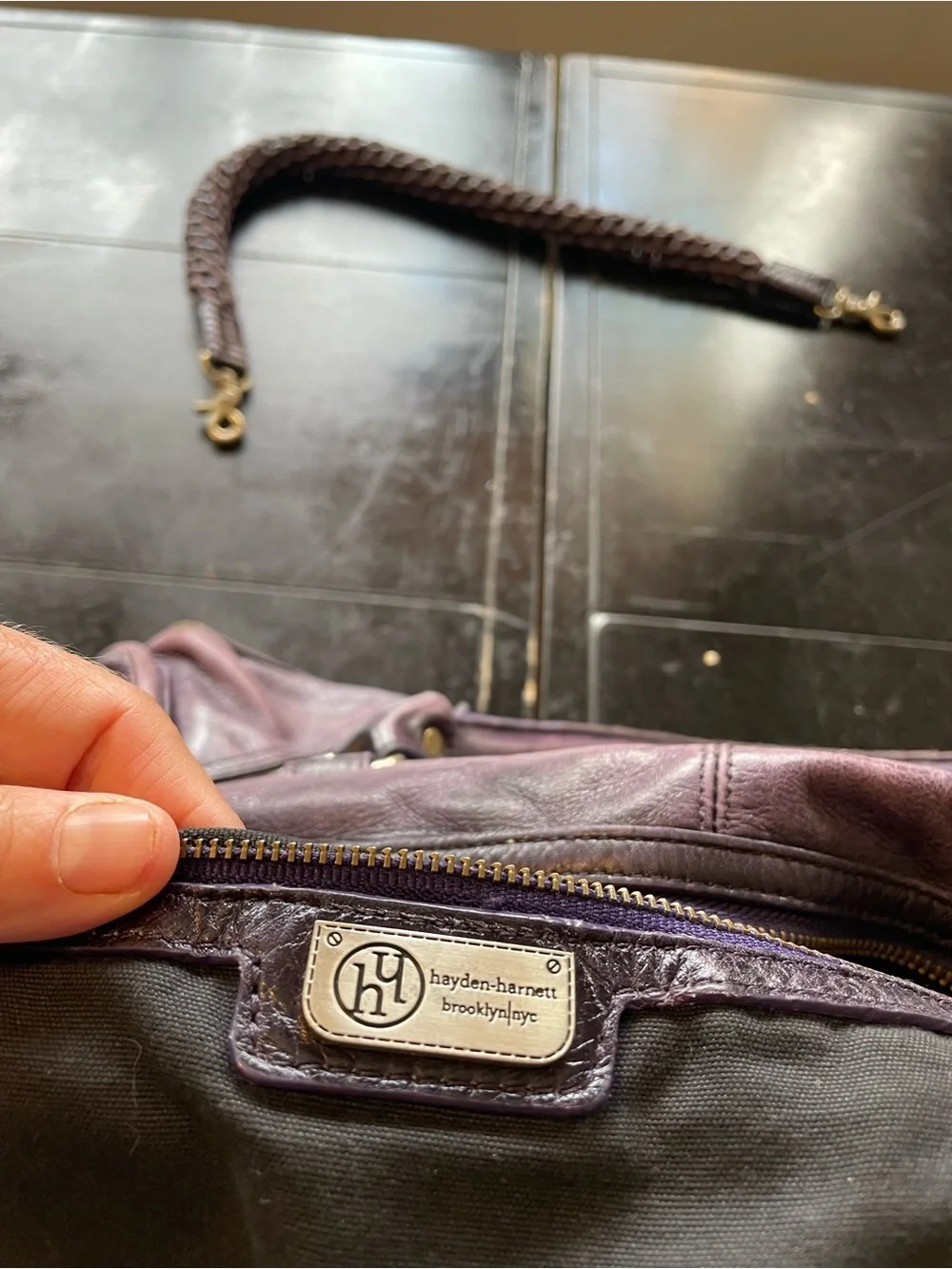 Plum Leather Satchel with Brass Accent Hardware